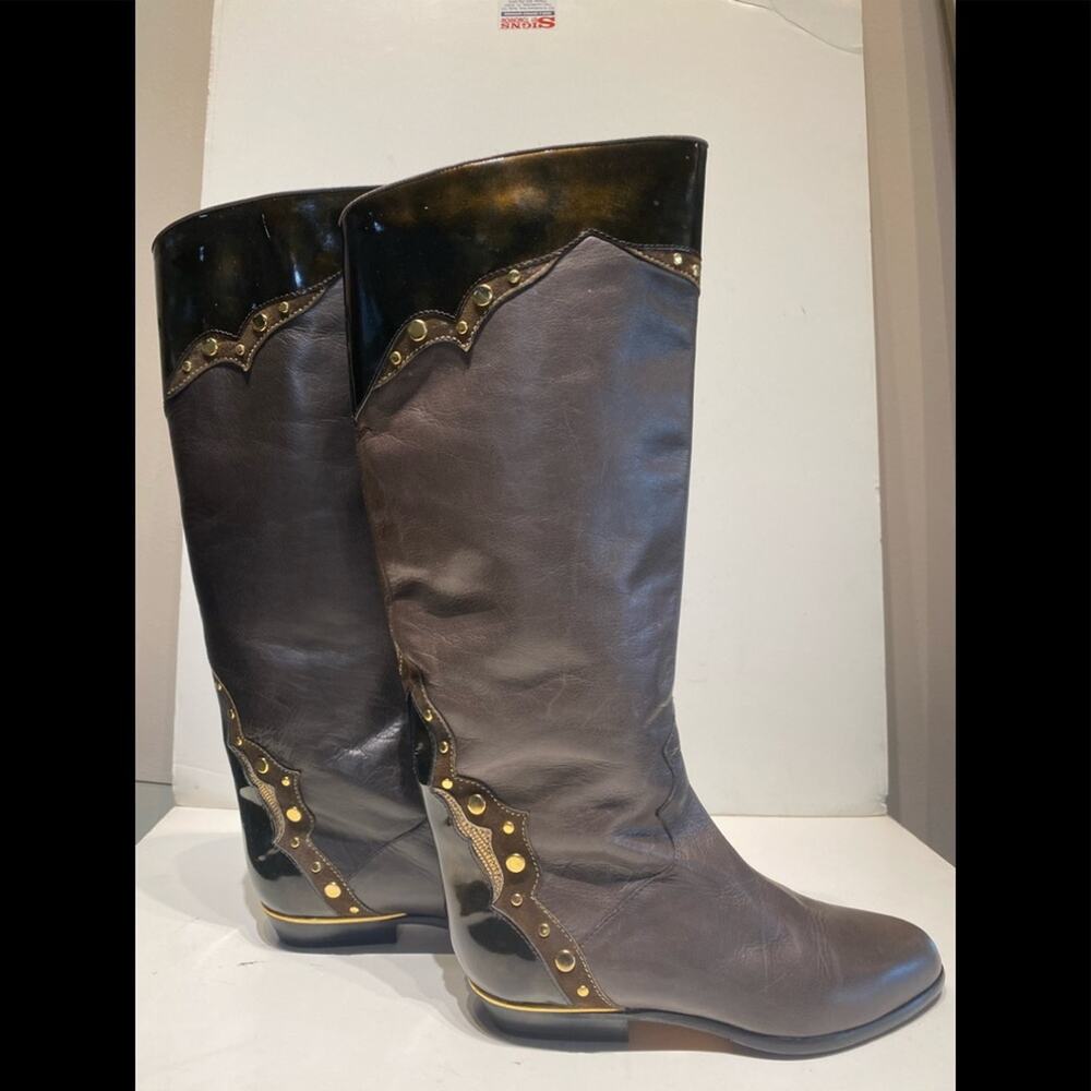 Brunella brown knee hi flat boot with details
